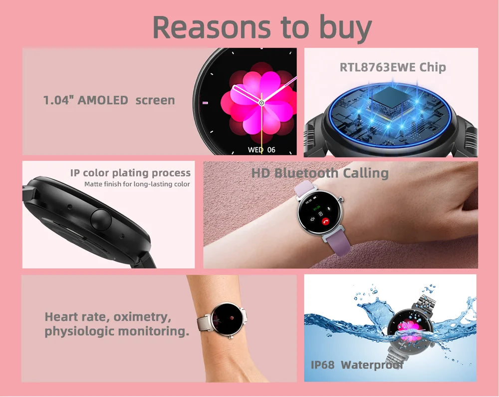 Amoled tela hd azul dente chamada smartwatch feminino relógios inteligentes à prova dwaterproof água esportes monitor de saúde freqüência cardíaca notificação mensagem