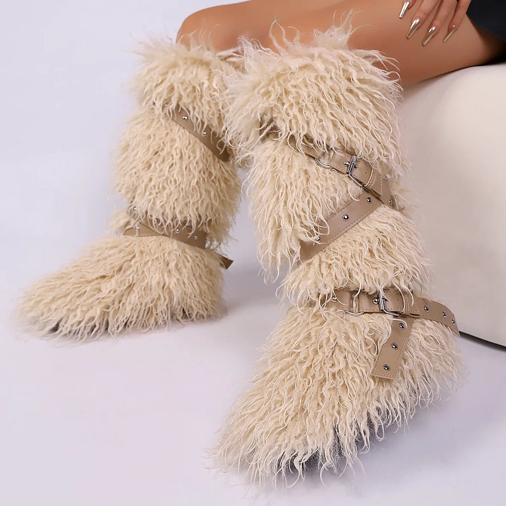 Botas femininas felpudas até o joelho |   Calçado de inverno com detalhes multi-fivela, texturas de leopardo e shearling