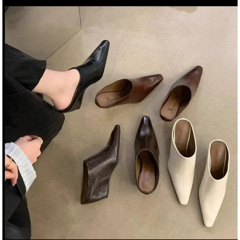 2024 europeu americano baotou metade feminina de couro macio inclinação salto alto legal moda outwear grosso preguiçoso muller sapatos