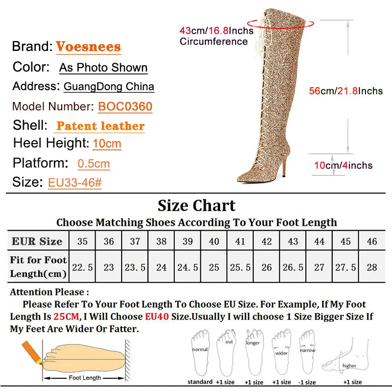 Botas femininas de lantejoulas acima do joelho, salto alto fino, botas longas pontiagudas, sapatos de festa para senhora, moda boate, 10cm, outono e inverno