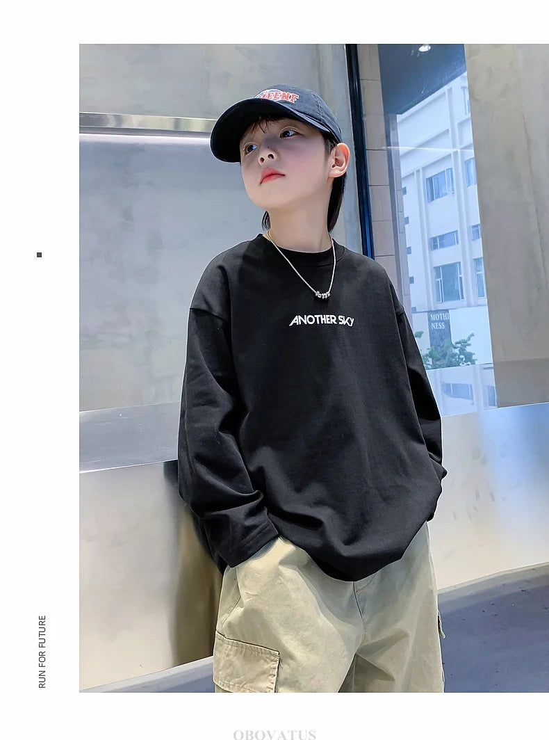 Nova primavera crianças manga longa camiseta de algodão para meninos solto estilo breve tshirt adolescentes crianças escola camisetas roupas de moda do bebê