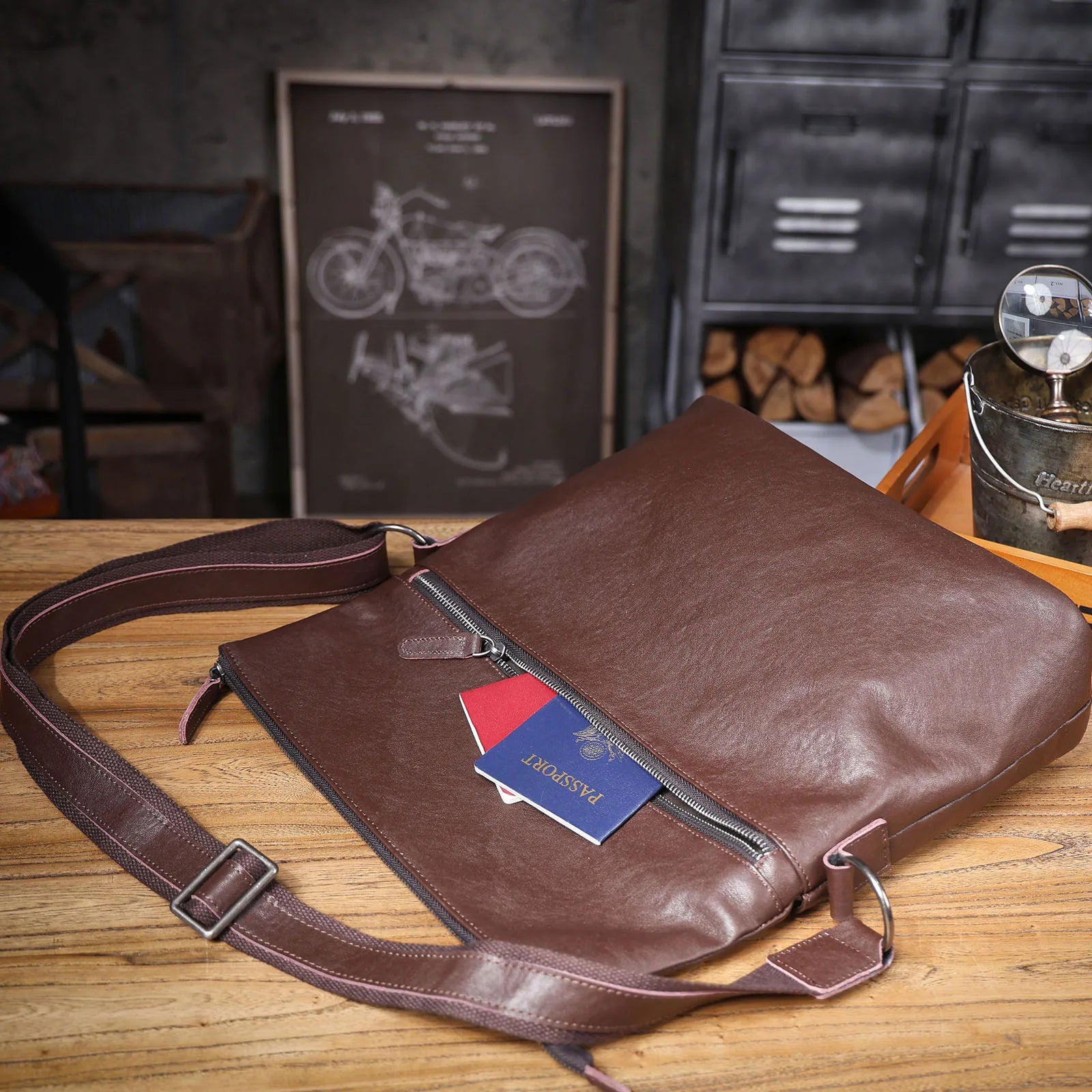 Bolsa de Ombro Masculina em Couro Genuíno, Bolsa Transversal para Laptop, Couro Bovino de Camada Superior, Couro Vegetal, Moda Casual