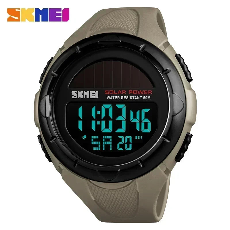 Skmei 1405 esporte digital relógios de pulso dos homens solar para energia ambientalmente alarme masculino reloj hombre relógios luminosos
