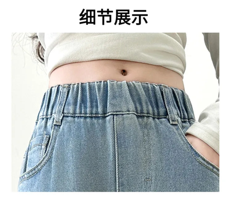 Coreano menina perna larga jeans com lindas borboletas crianças cintura alta solta calças jeans adolescente casual jeans crianças