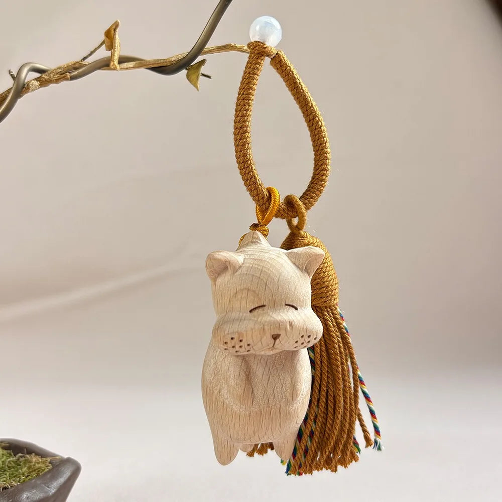Feito à mão escultura em madeira gatos saco encantos chaveiro bolsa acessórios bonito mini borlas pingentes adequado para sacos mochila