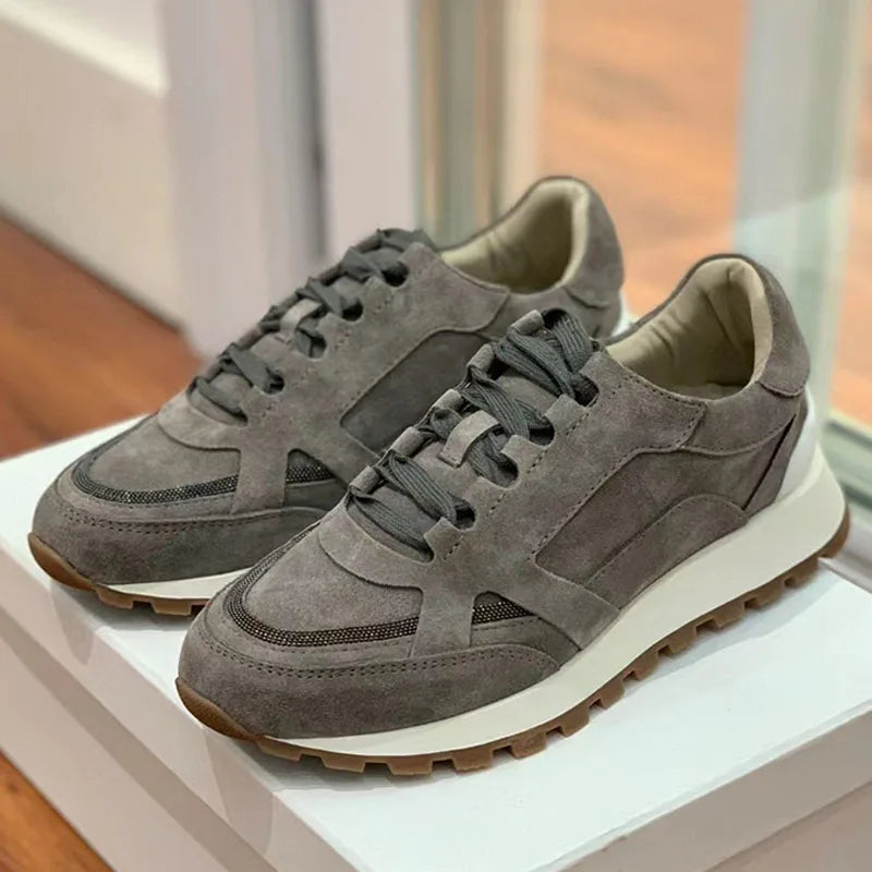 Sapatos casuais mulher dedo do pé redondo corrente corda grânulo conforto tênis de corrida senhoras camurça vaca retalhos rendas até tênis planos