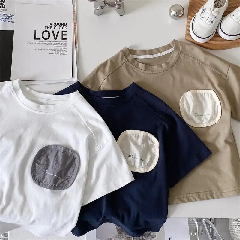 Camisetas Infantis de Manga Curta de Algodão para Meninos, Estampadas Casuais, Soltas e Versáteis, Coleção Verão 2026 - Roupas Infantis