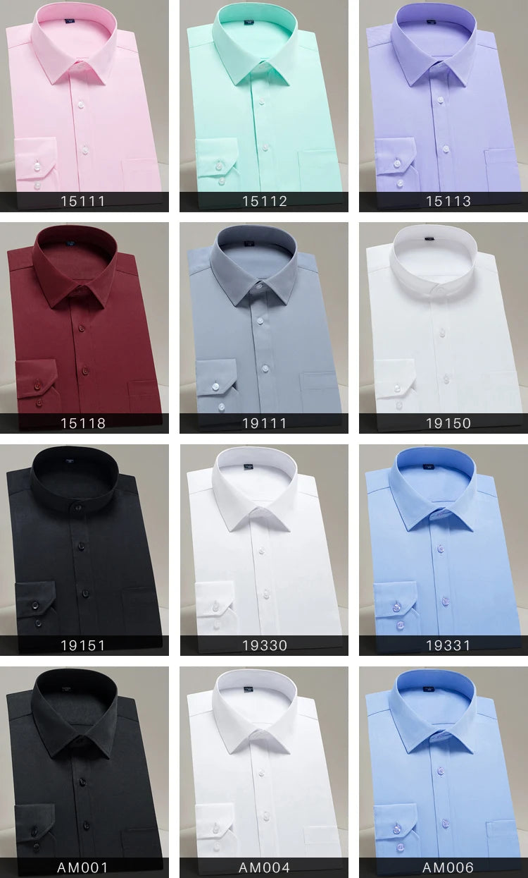 Camisas sociais masculinas clássicas de manga comprida, ajuste padrão, formal, negócios, social, simples, design básico, branco, trabalho, escritório, camisa casual