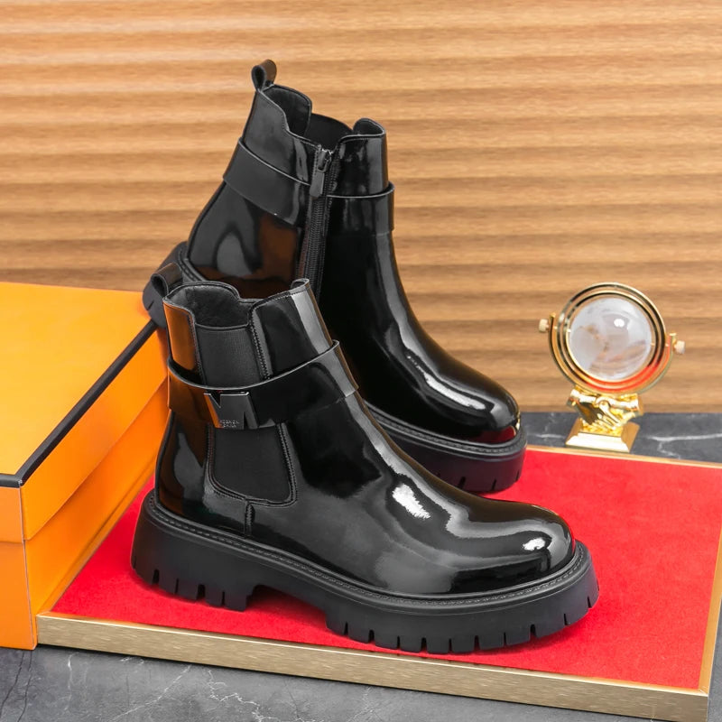 Botas masculinas de couro envernizado, de alta qualidade, superfície brilhante, confortável, sola grossa, cano alto, marca de moda, antiderrapante, chelsea