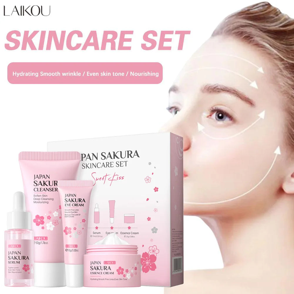 Conjuntos de cuidados com a pele Laikou Sakura com limpador, sérum, creme para os olhos, creme essencial, produtos de beleza para mulheres, presente de Natal.