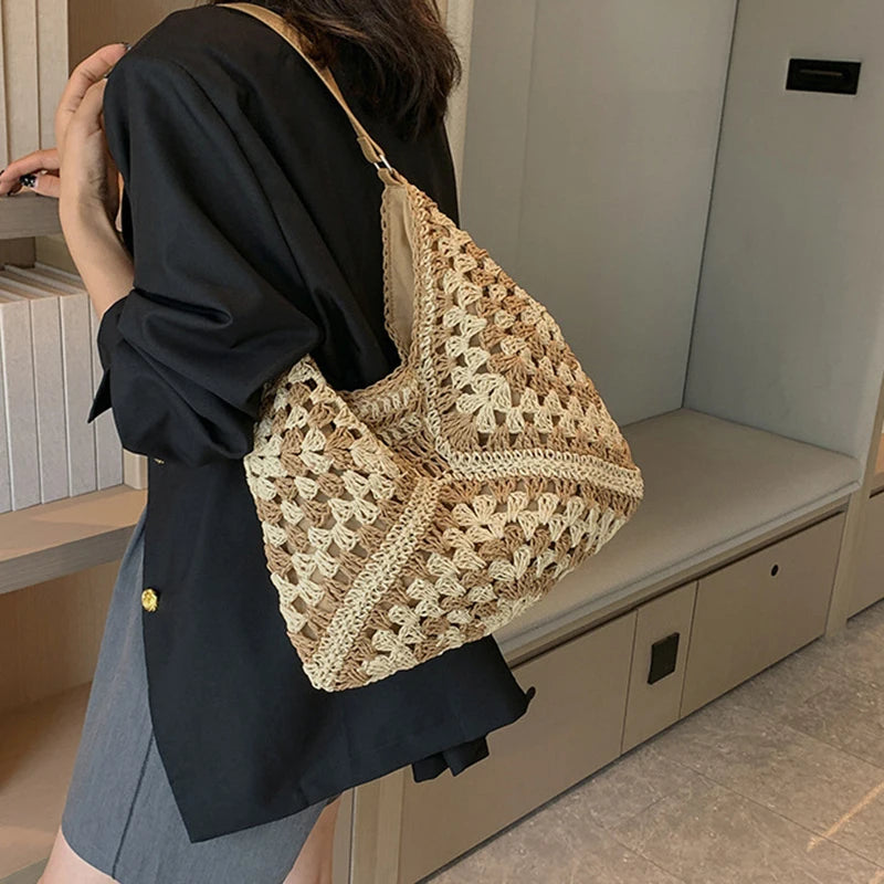 Bolsa de ombro de palha tecida feminina popular bolsa de tamanho médio com alça para férias na praia