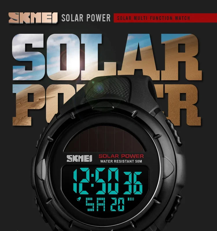 Skmei 1405 esporte digital relógios de pulso dos homens solar para energia ambientalmente alarme masculino reloj hombre relógios luminosos