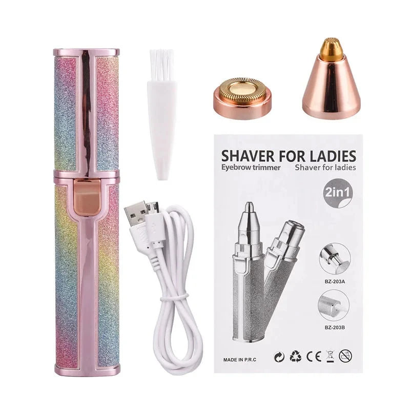 Removedor de Pelos Faciais Elétrico 2 em 1 com Luz LED, Aparador de Sobrancelhas e Barbeador Indolor para Remoção Suave e Delicada de Pelos