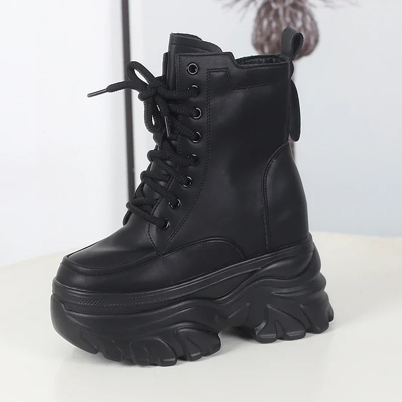12cm outono plataforma botas de tornozelo feminino sapatos grossos rendas tênis mulher botas de couro sapatos de caminhada