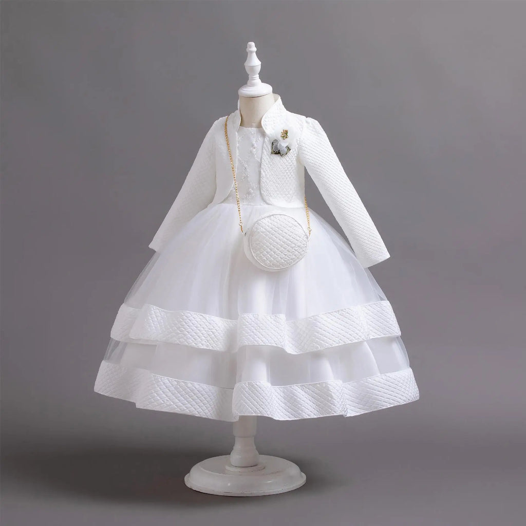 Novo outono/inverno vestido de festa de manga longa elegante menina bordado vestido de desempenho de natal saco de presente para crianças de 3 a 11 anos