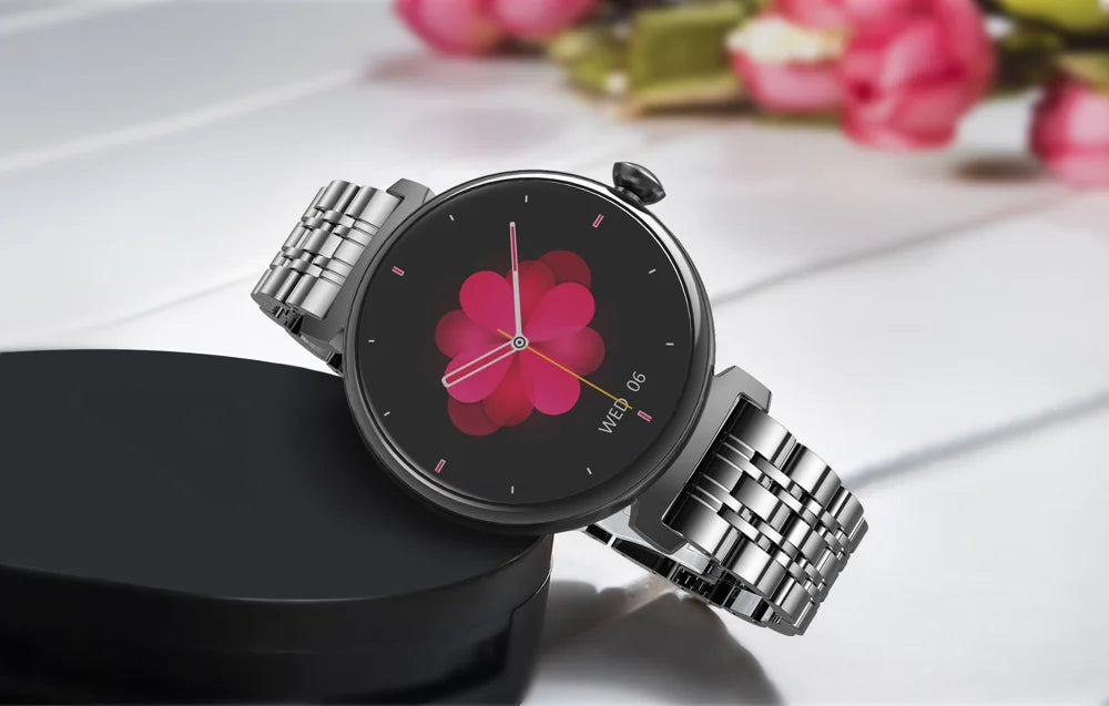 Amoled tela hd azul dente chamada smartwatch feminino relógios inteligentes à prova dwaterproof água esportes monitor de saúde freqüência cardíaca notificação mensagem