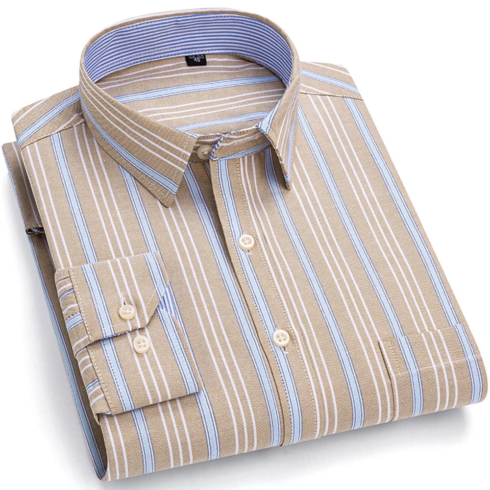 Camisas de vestido de algodão com design de gola de lapela listrada xadrez na moda masculina, camisa casual de manga comprida com botões para primavera/outono