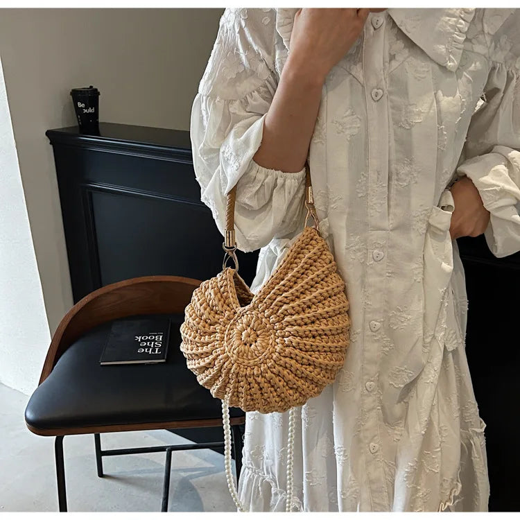 Criativo concha em forma de crochê feminino ombro sacos engraçado bonito pérolas correntes artesanal tecer crossbody saco novidade pequenas bolsas