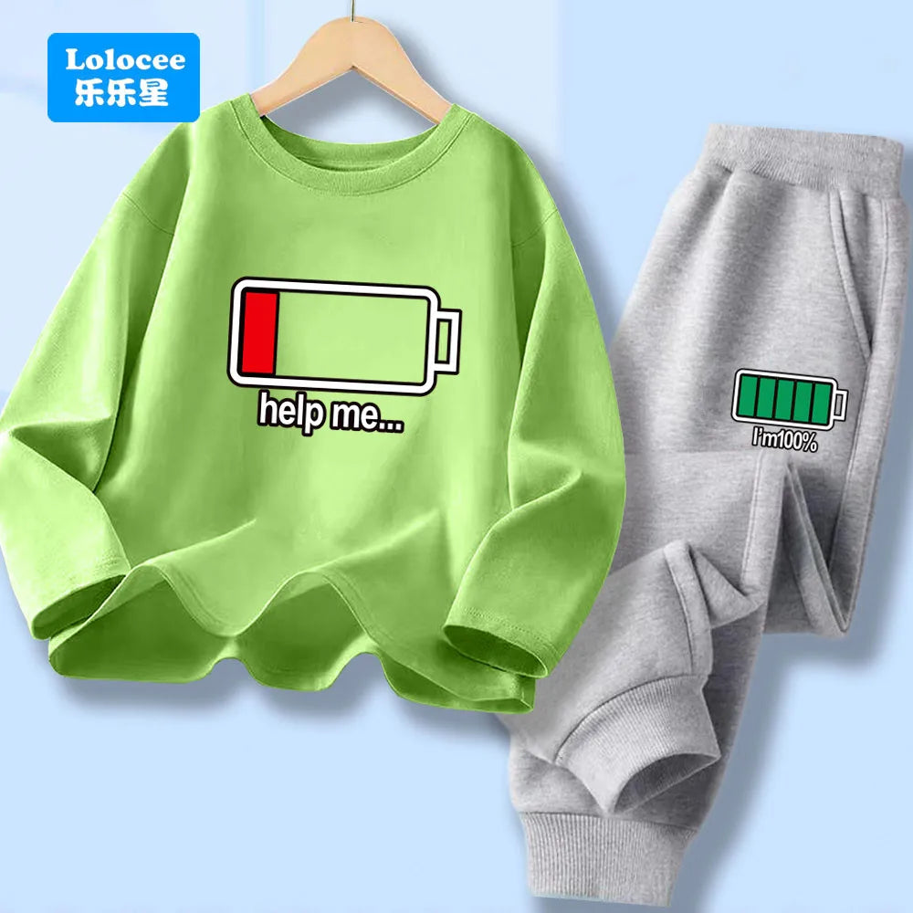 Outono criança menino manga longa 2 pçs conjunto de roupas crianças engraçado bateria carta impressa camiseta pulôver topo e calças fatos de treino dcw1