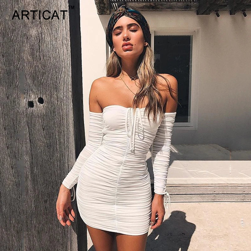 Articat feminino outono inverno bandage vestido feminino 2022 sexy fora do ombro manga longa magro elástico bodycon vestidos de festa