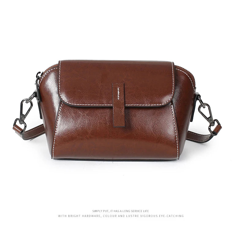 Bolsa transversal pequena de couro legítimo com acabamento em cera de óleo para mulher, bolsa fashion versátil em formato de concha, bolsa casual para celular.