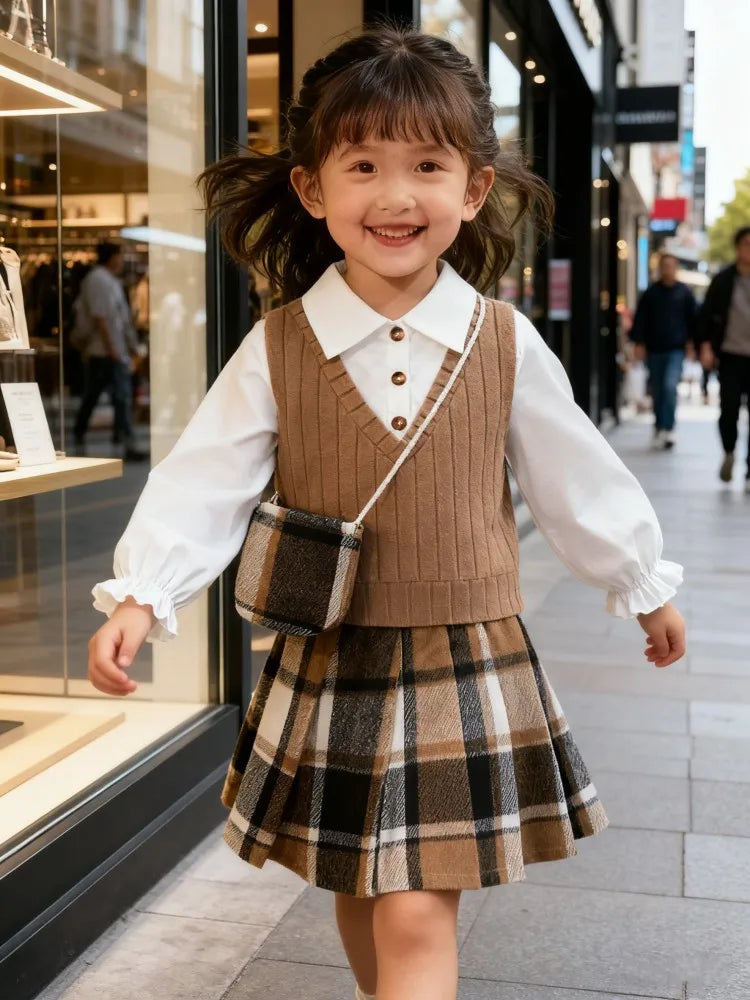 Outono crianças meninas saia conjunto de manga comprida topo + saia xadrez + bolsa de ombro 3 pçs estilo japonês-coreano traje para menina 4-7 anos