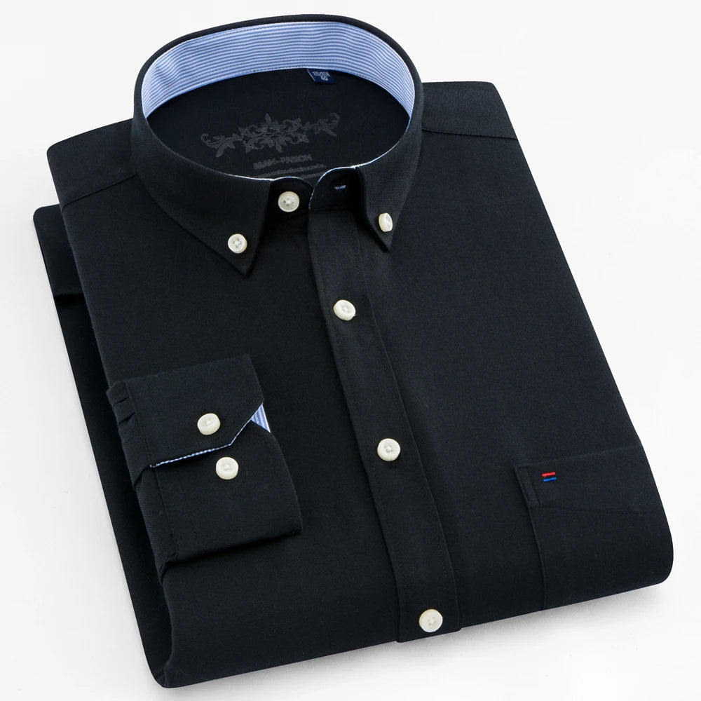 Camisa casual de trabalho listrada xadrez oxford de manga comprida masculina com bolso, camisas de botão de ajuste regular de mistura de algodão primavera outono