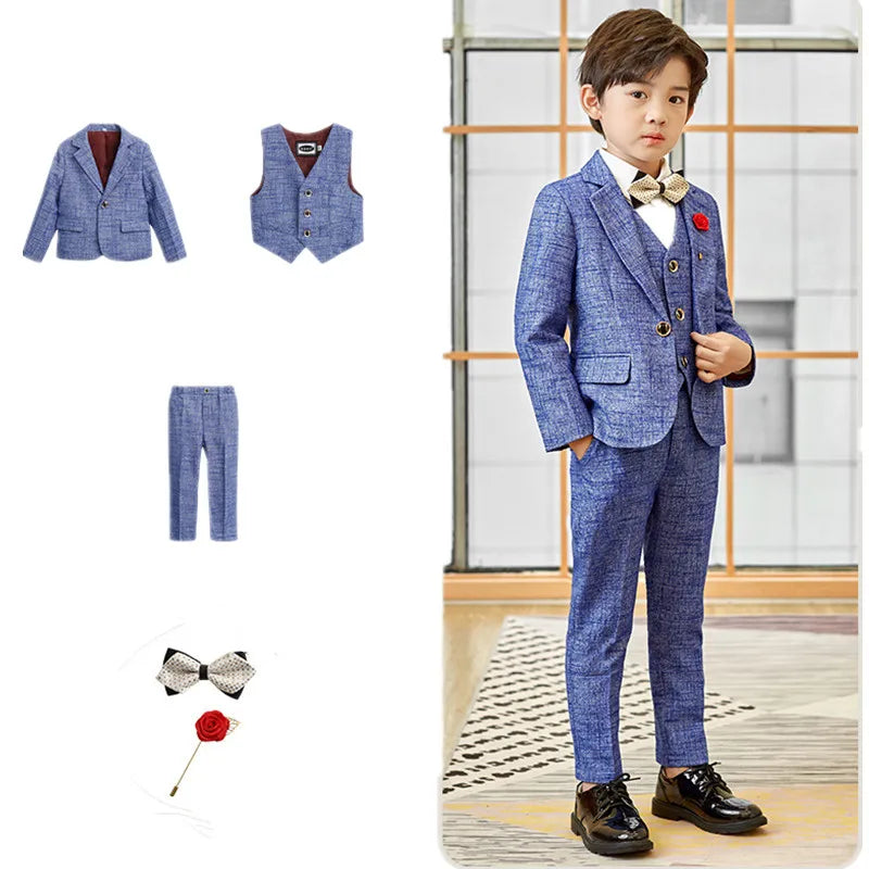 Meninos 5 peças/set jaqueta colete calças broche bowtie fotografia terno crianças formal festa de aniversário casamento smoking conjunto crianças blazer
