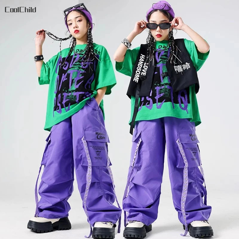 Conjunto de camiseta e calças infantis legais, trajes de jazz, Hip Hop Streetwear, roupas femininas, moda feminina, corredores de rua, colete infantil