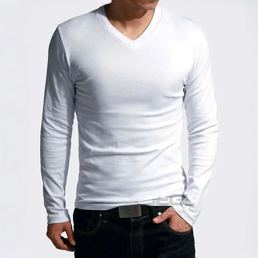 Camiseta Masculina Elástica 2026 com Decote em V e Manga Longa, Camisetas para Homens, Roupas Masculinas, Camiseta Nova em Cores Sólidas
