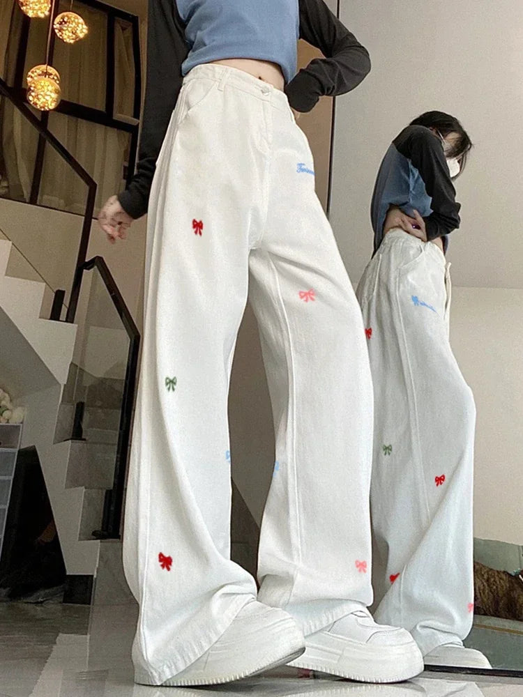 Arco bordado calças de brim femininas cintura alta vintage em linha reta baggy calças jeans coreano harajuku preppy branco perna larga denim