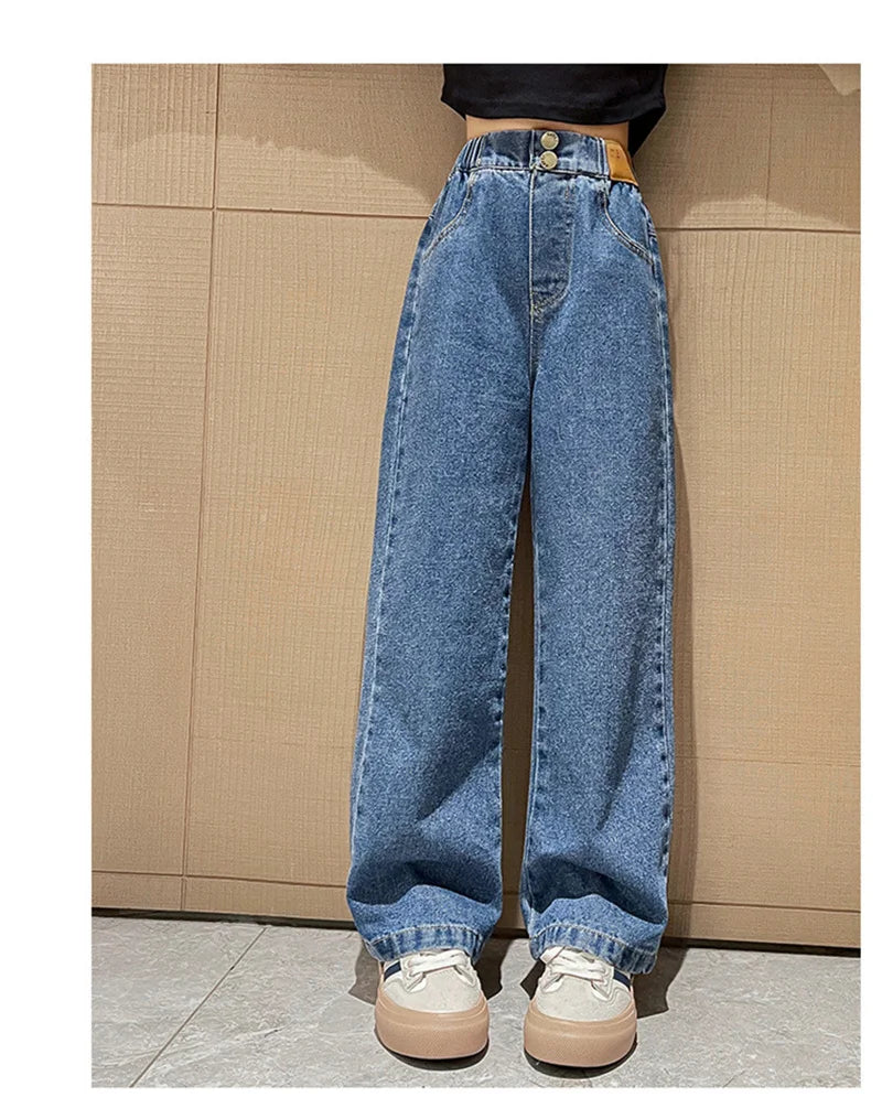 Jeans casuais soltos para meninas, calças longas retas para a escola, perna larga, para crianças de 5 a 14 anos, outono