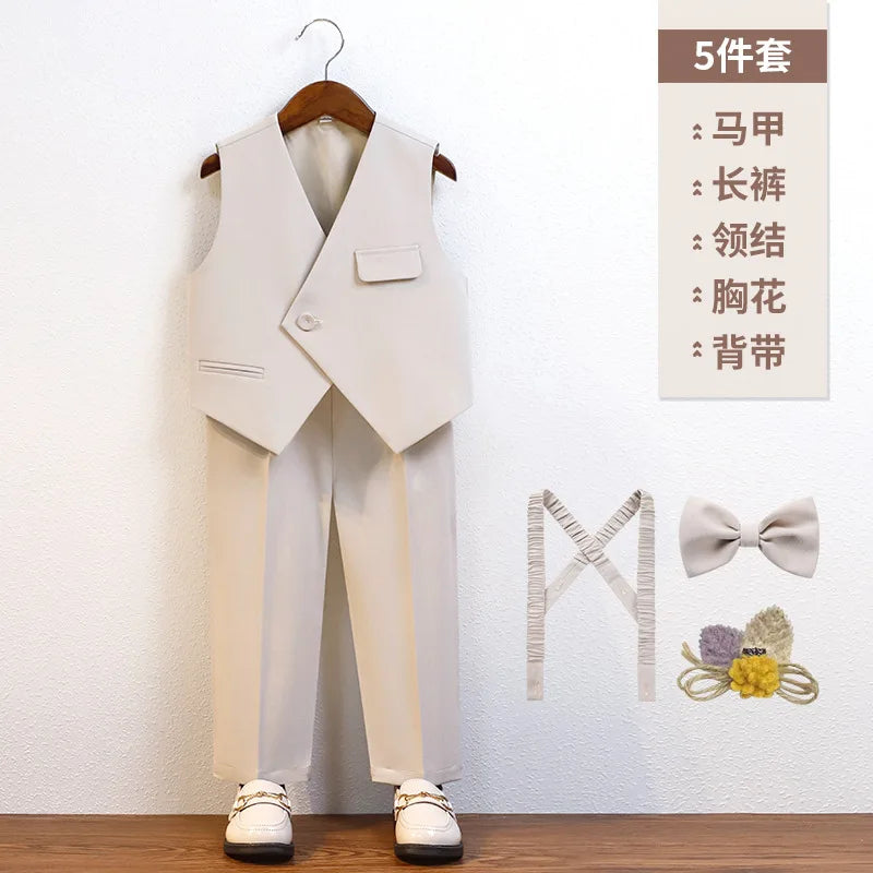 Cavalheiro crianças verão respirável vestido de casamento escola meninos colete camisa calças gravata borboleta fotografia terno crianças traje aniversário
