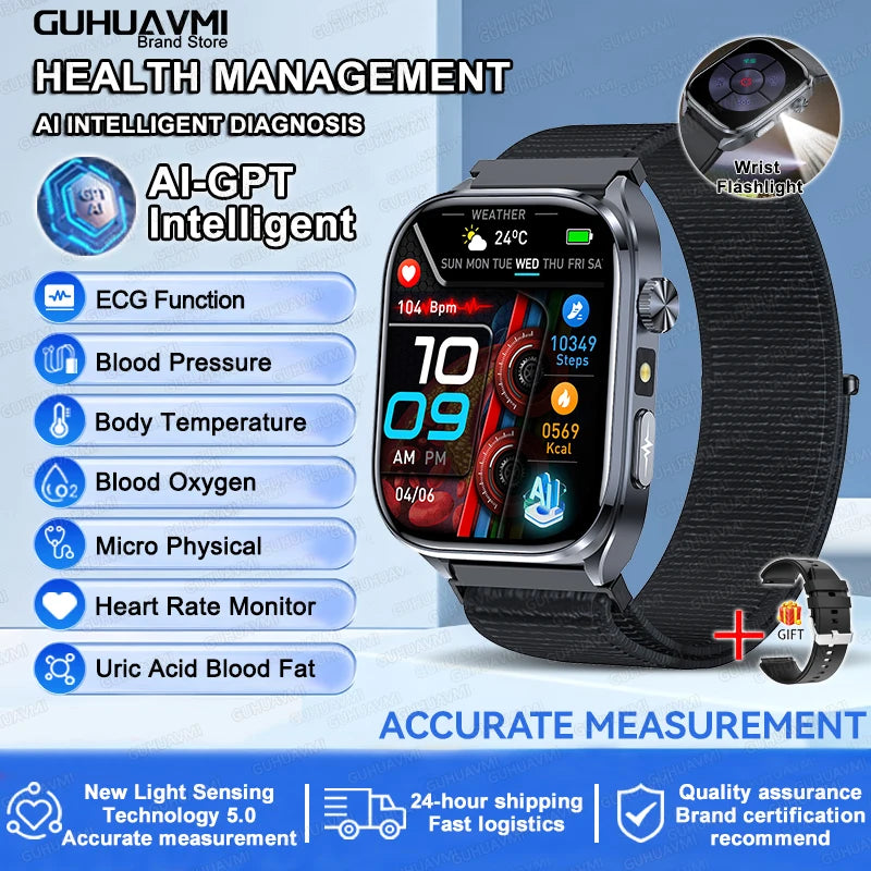 Novo Smartwatch 2026 com ECG Preciso, Análise de Saúde Cardíaca, Análise de Sangue, Lipídios no Sangue, Pressão Arterial e Chamada Bluetooth para Homens