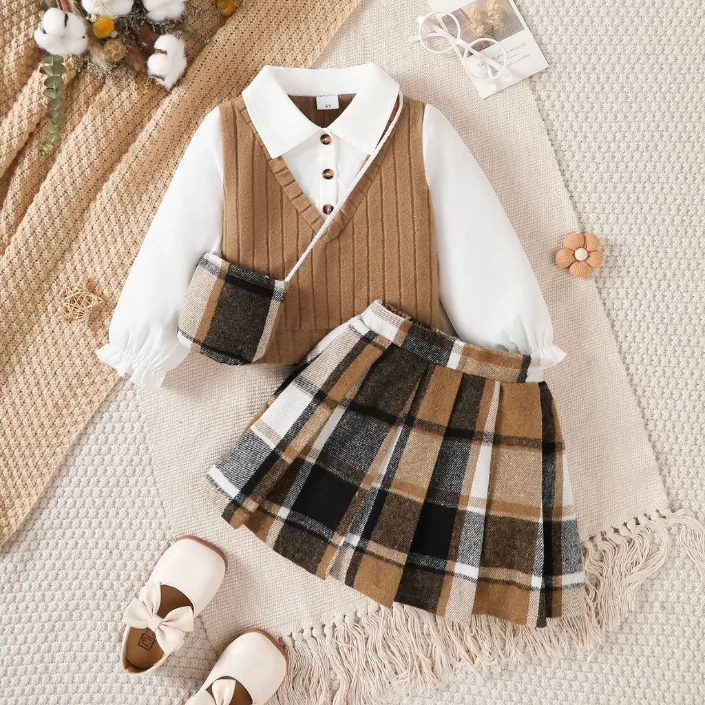 Outono crianças meninas saia conjunto de manga comprida topo + saia xadrez + bolsa de ombro 3 pçs estilo japonês-coreano traje para menina 4-7 anos