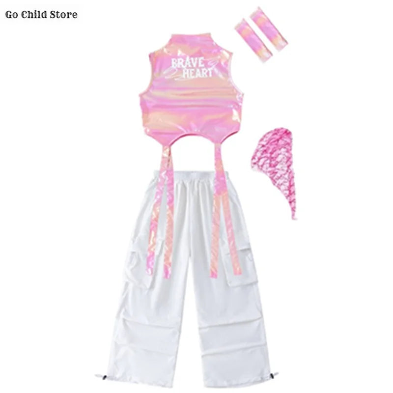 Meninas k-pop brilhante colheita superior calças de carga shorts de dança de rua crianças hip hop jazz conjuntos de roupas crianças streetwear menina grupo traje