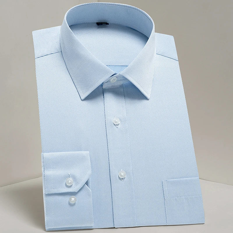 Camisas sociais masculinas clássicas de manga comprida, ajuste padrão, formal, negócios, social, simples, design básico, branco, trabalho, escritório, camisa casual