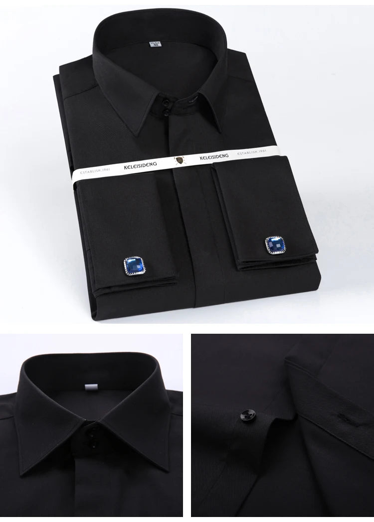 Camisa masculina clássica com punho francês, botão oculto, manga comprida, formal, ajuste padrão, camisas brancas (abotoaduras incluídas)