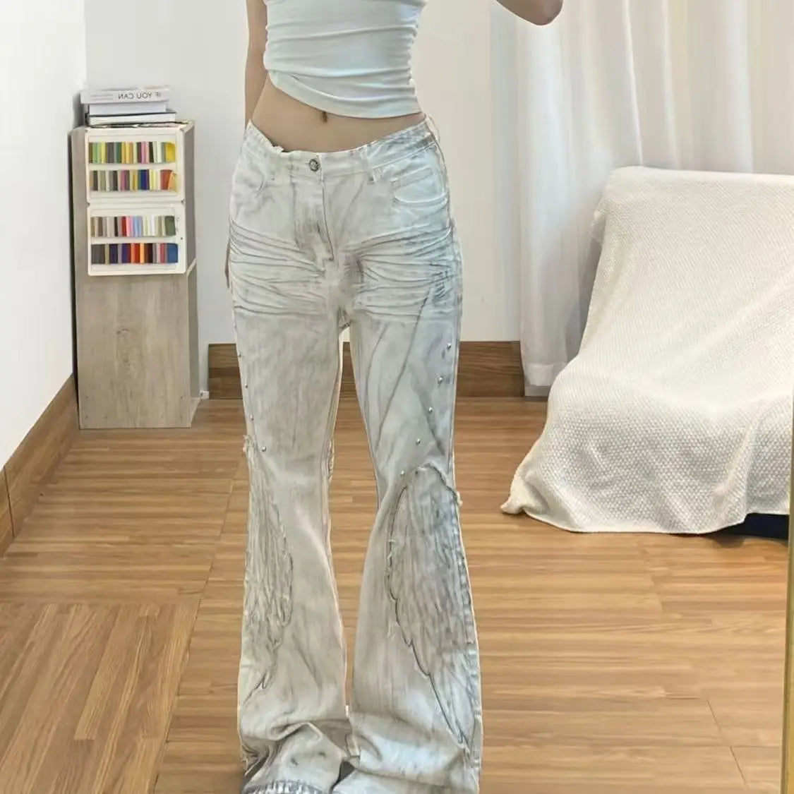 Calças Femininas Americanas Retrô Hot Girl Tie-Dye de Cintura Alta Boca de Sino Slim Rasgadas Novas de Outono e Inverno Lavadas Casuais