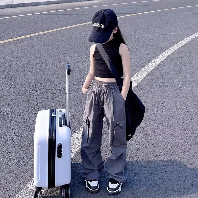 Calças Cargo para Meninas, Roupas de Trabalho Soltas para Crianças, Calças Leves para Primavera e Outono, Roupas Casuais para Adolescentes
