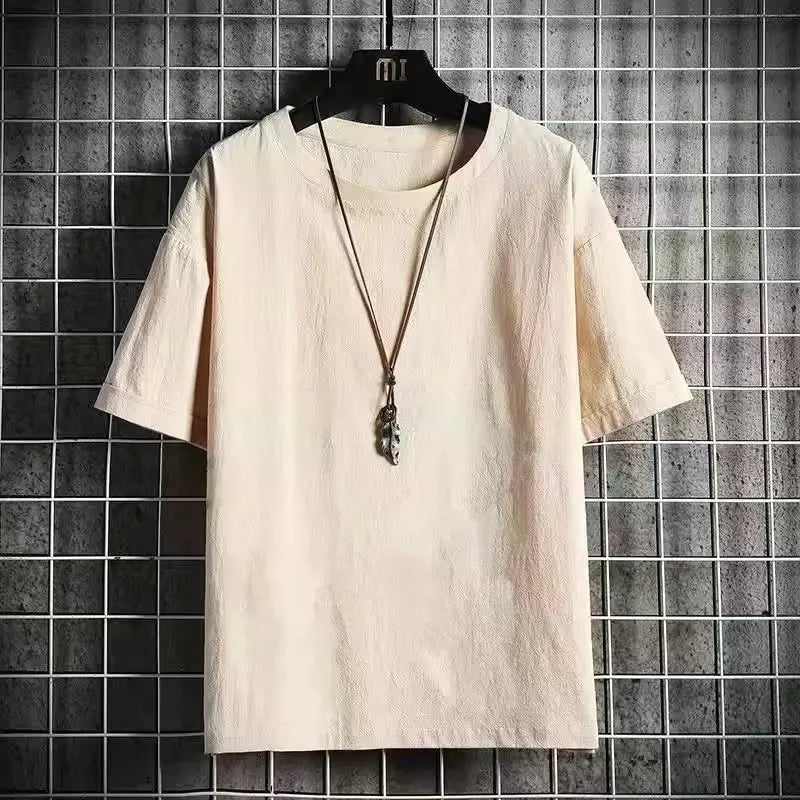 Camiseta de Linho de Manga Curta Masculina, Nova Camiseta de Algodão e Linho Solta para o Verão, Camiseta de Cor Sólida