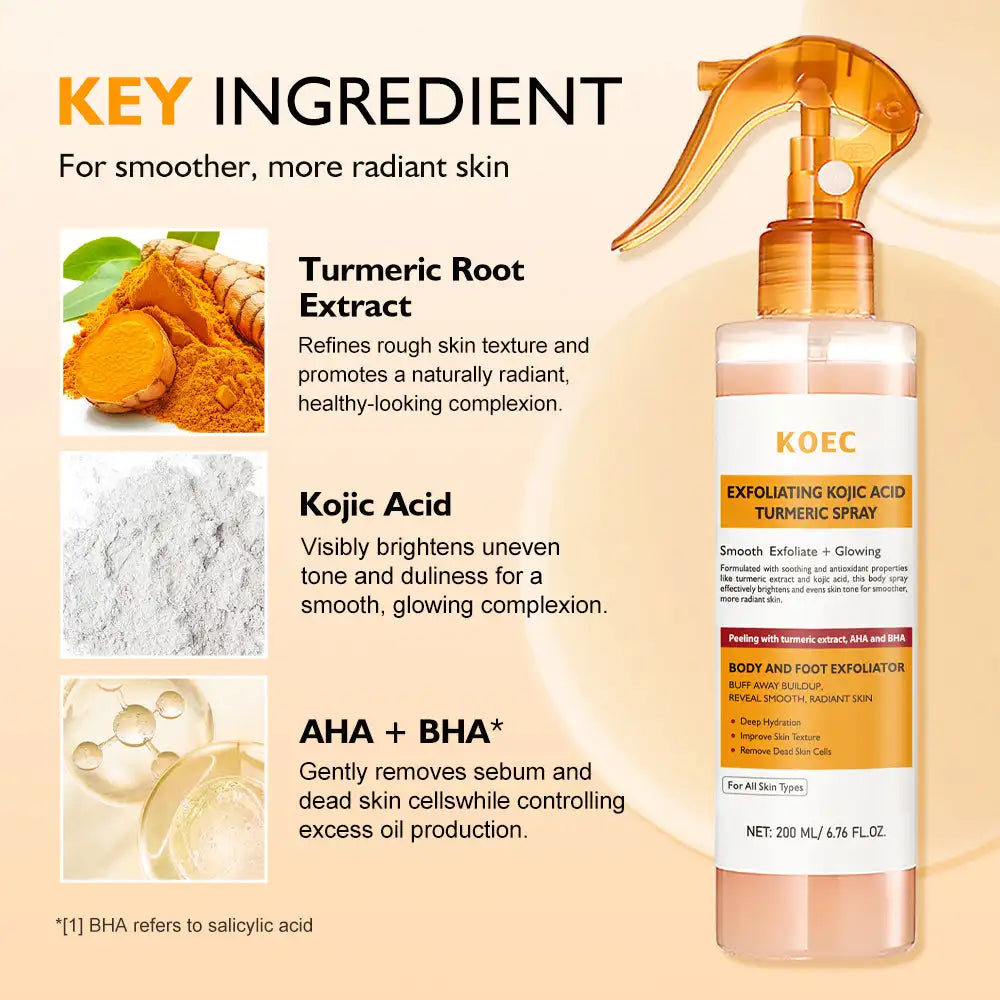 200ml Spray Esfoliante KOEC com Ácido Kójico e Cúrcuma Suaviza, Ilumina, Hidrata, Remove Células Mortas, Melhora a Textura da Pele e Limpa os Poros.