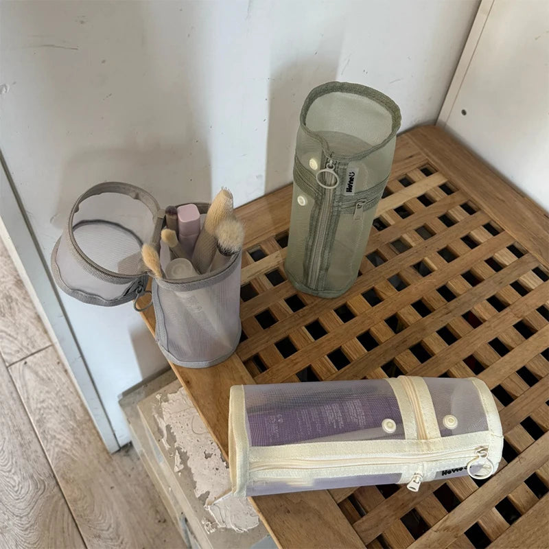 {Summer2} 【Summer2】Bolsa de armazenamento para pincéis de maquiagem, de malha, de dupla utilização, portátil, simples, de grande capacidade, suporte para pincéis