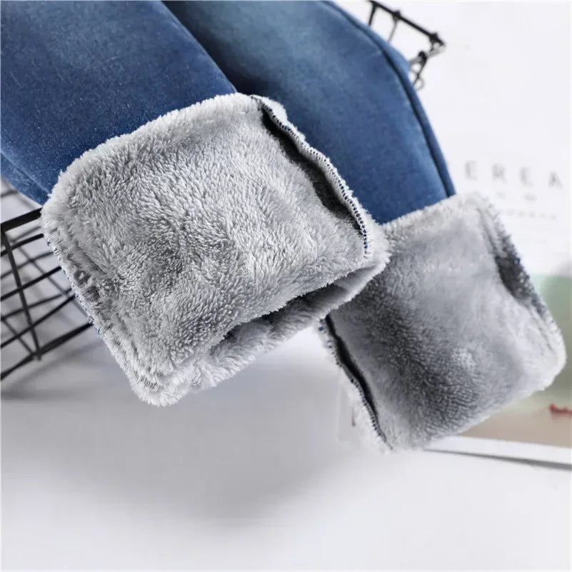 Inverno senhora térmica quente jeans de pelúcia magro estiramento jeans senhora fino ajuste lápis calças meninas perna reta denim
