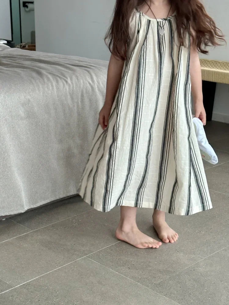 Crianças roupas meninas vestido sem mangas nova moda verão 2025 estilo coreano listra vertical francês retro vestido de férias
