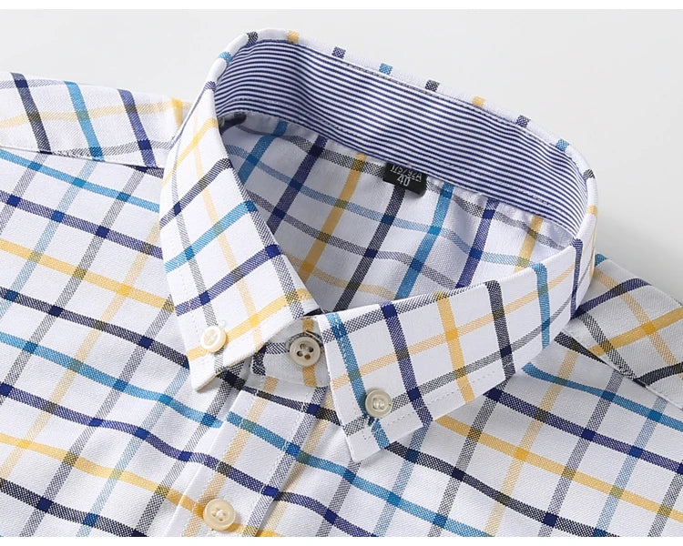 Camisas de vestido de algodão com design de gola de lapela listrada xadrez na moda masculina, camisa casual de manga comprida com botões para primavera/outono