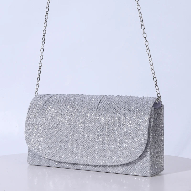 Bolsa de Noite Prateada com Glitter para Mulheres, Elegante e Fashion, Bolsa Longa com Cadeado, Clutch para Casamentos e Festas