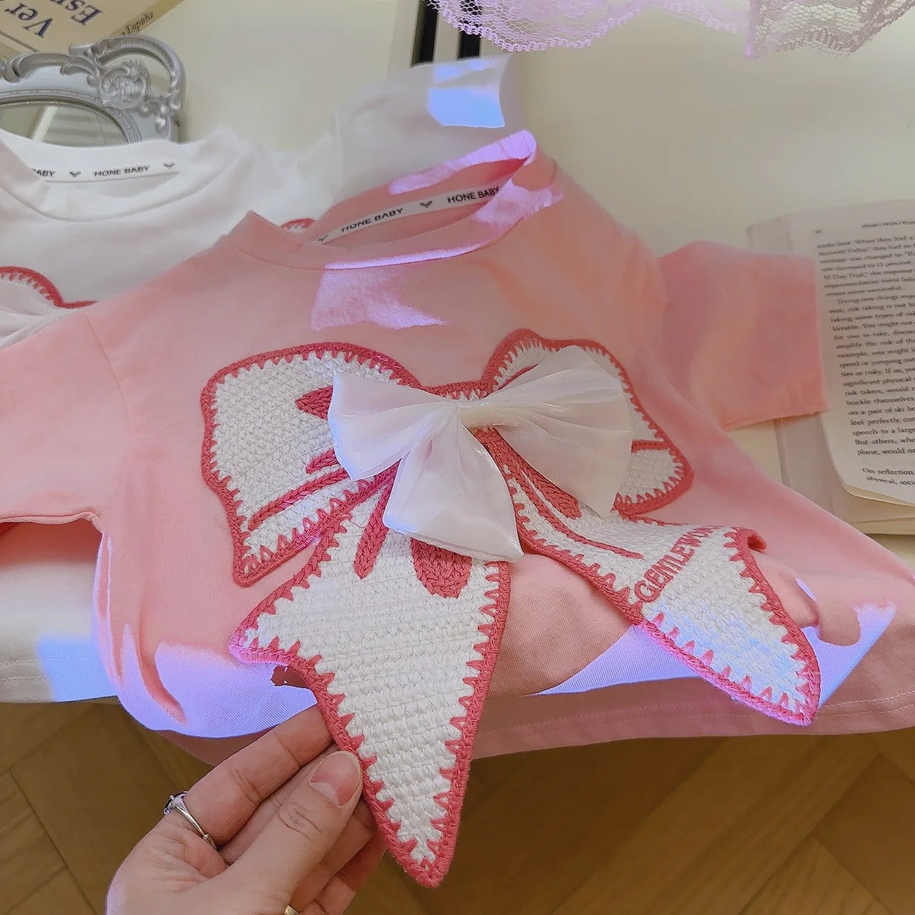 Conjunto de roupas de camiseta rosa para crianças, meninas, verão, saia de renda, pulôver, doce, bebê, lolita, conjunto de vestido, 1-8 anos, roupas infantis, estilo coreano