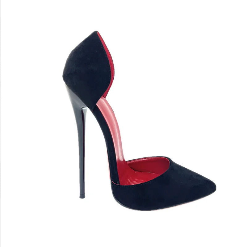 Sapatos Femininos de Salto Alto Flock de 16cm, Sapatos Sexy para Cosplay Masculino, Preto, Forro Vermelho, Slip On, Cores Personalizadas