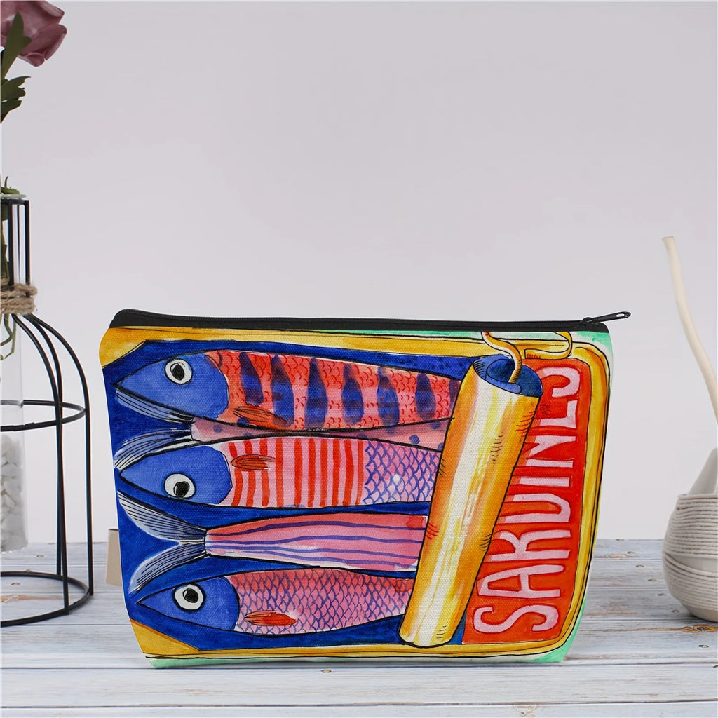 Bolsa de maquiagem com zíper resistente ao desbotamento durável - Organizador de viagem multifuncional com design retrô de sardinas para cosméticos, lanches, moedas